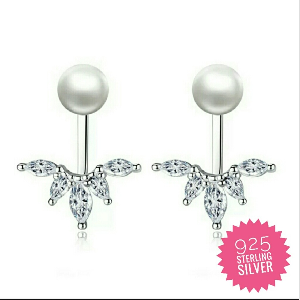 S925 Peacock Pearl Crystal Silver Drop Earrings - Picture 1 of 7